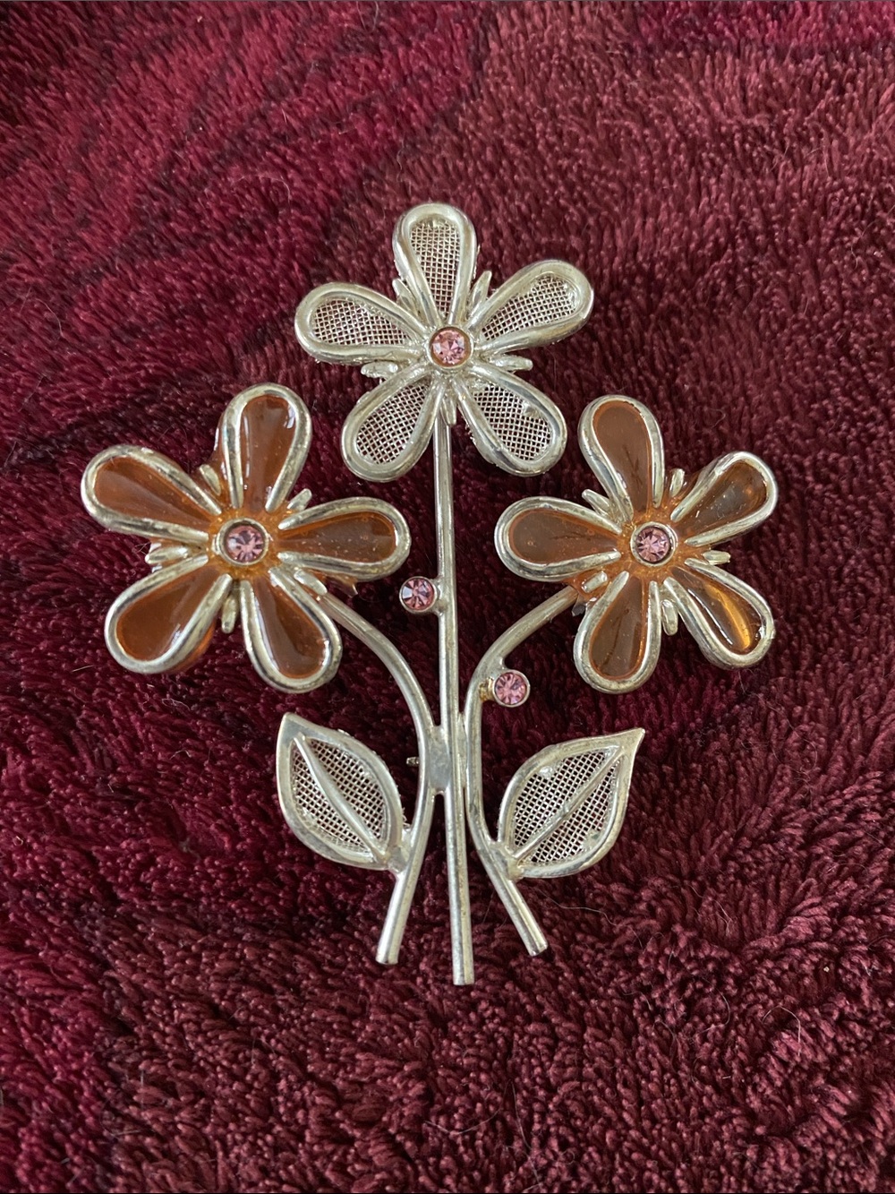 Vintage Silver Floral Brooch with Pink Accents